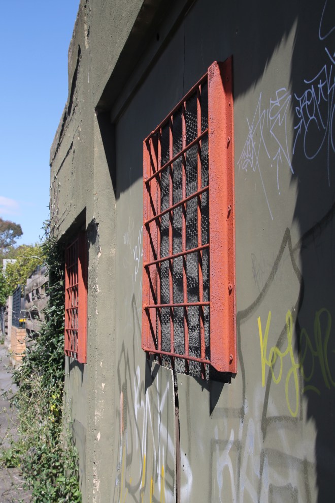 I liked the rust colouring on these grids; they were on a quite dishevelled shed in an alley.